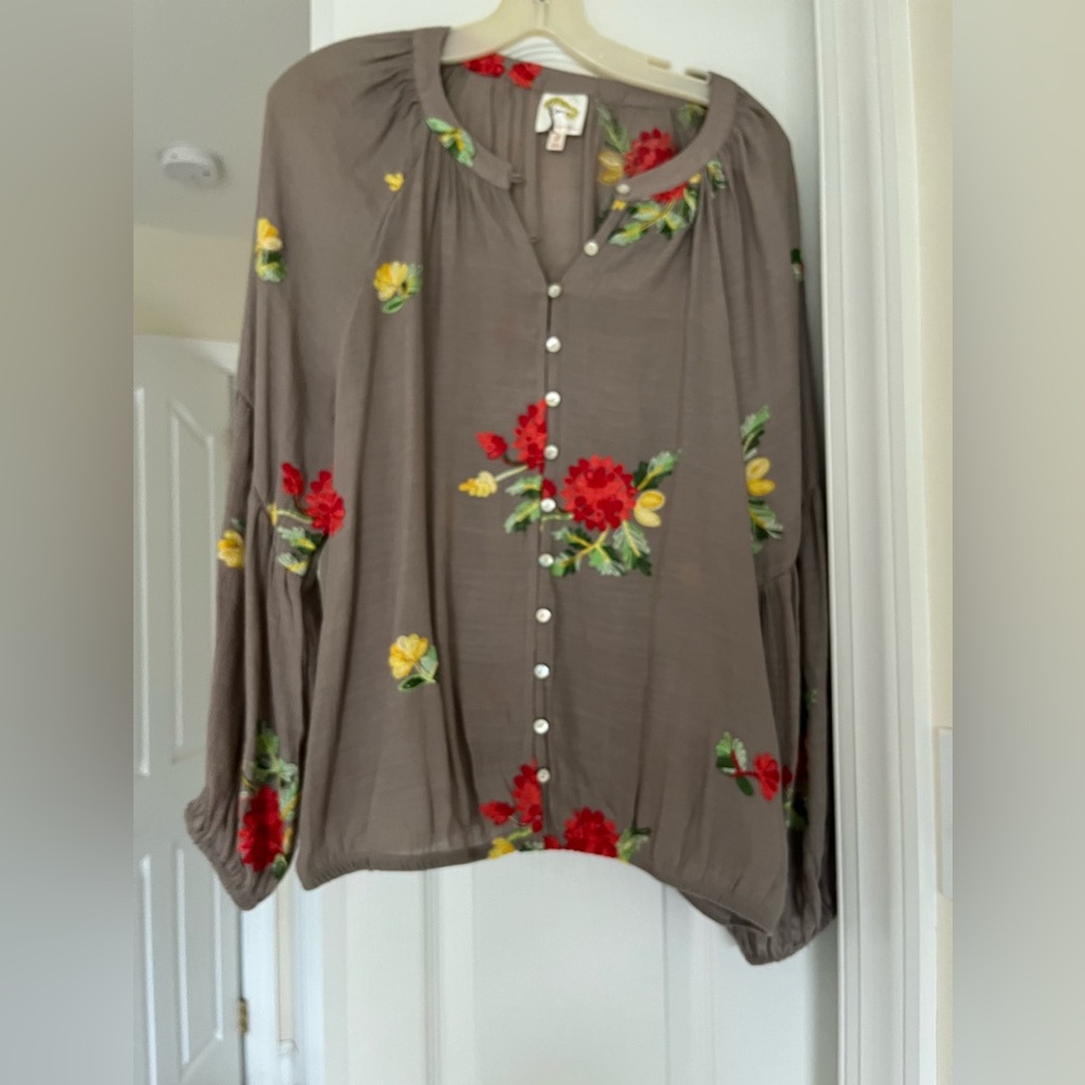 Fig and Floral Button down floral embroidered Blouse -